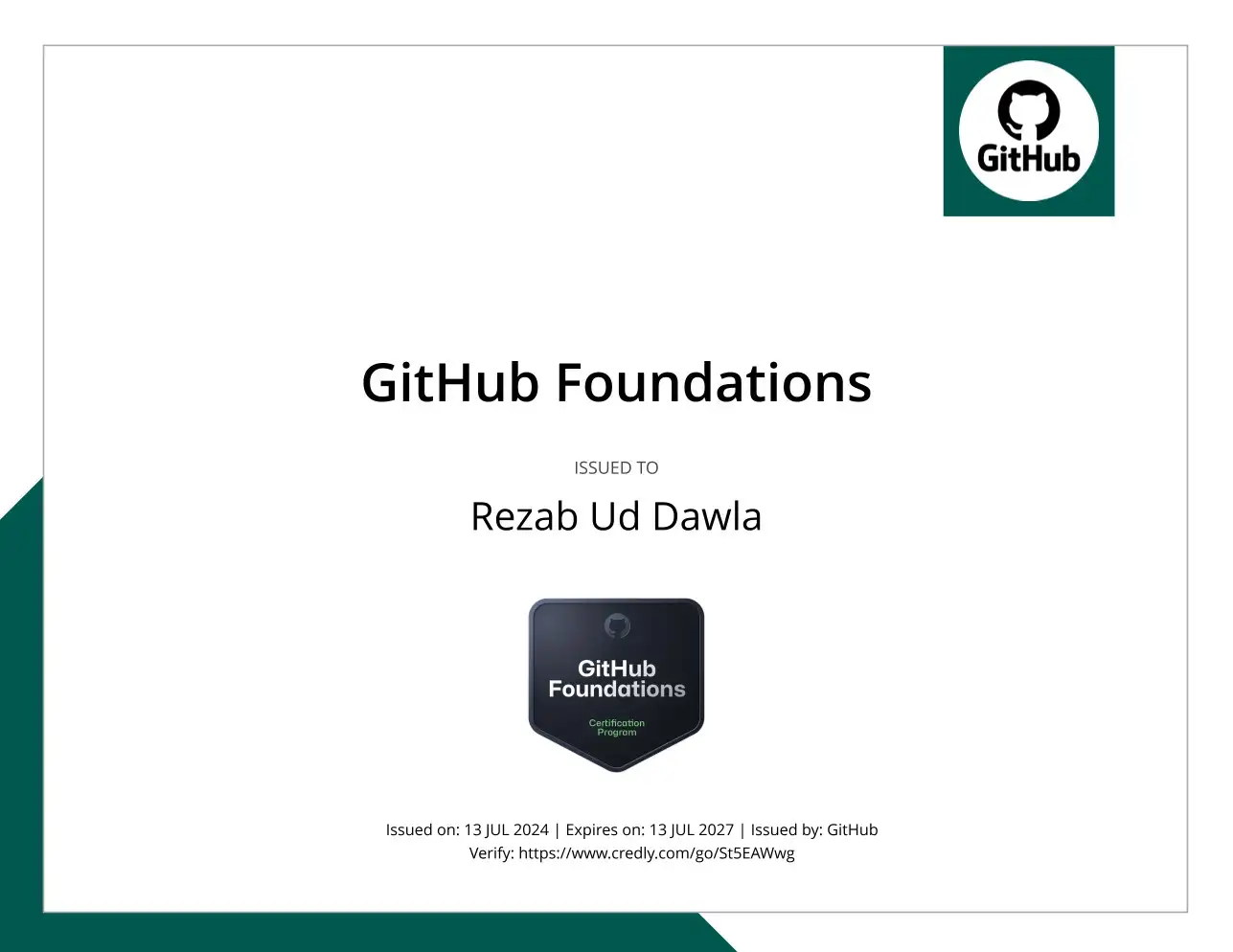 GitHub Foundations certificate issued to Rezab Ud Dawla